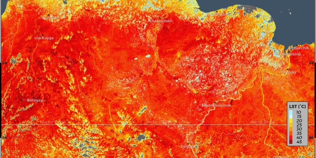 This photo taken on June 19, and provided by ECMWF Copernicus Climate Change Service shows the land surface temperature in the Siberia region of Russia.