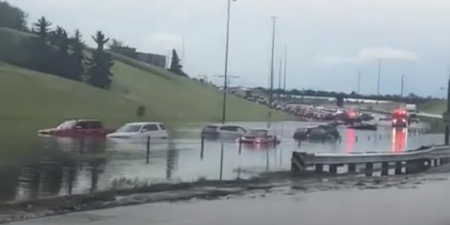 Torrential rain flooded roadways in the Calgary area late Saturday, stranding some drivers.