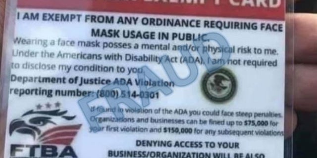 The Justice Department issued a warning about fraudulent postings, cards, or flyers online claiming to exempt people from wearing masks.