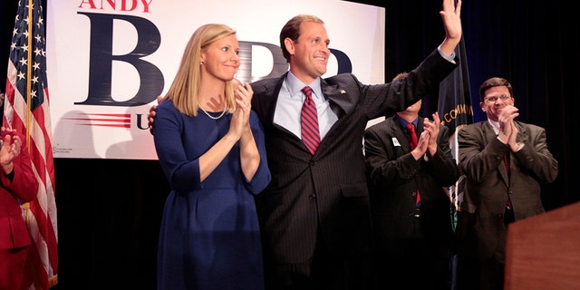 Republican Andy Barr, with wife Carol Barr, was congratulated by supporters after unseating Ben Chandler for Kentucky's 6th Congressional District in Lexington, Kentucky, on Tuesday, November 6, 2012. (Pablo Alcala/Lexington Herald-Leader/Tribune News Service via Getty Images)