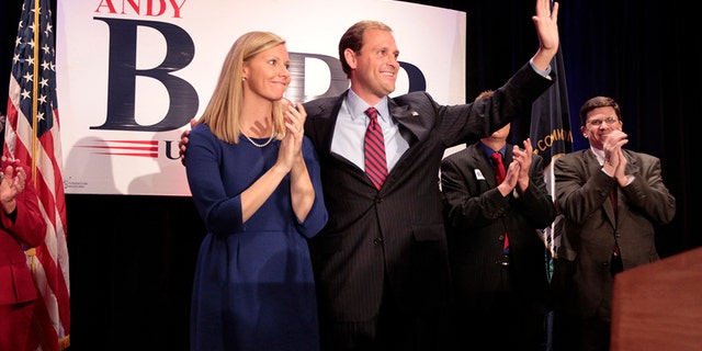 Republican Andy Barr, with wife Carol Barr, was congratulated by supporters after unseating Ben Chandler for Kentucky's 6th Congressional District in Lexington, Kentucky, on Tuesday, November 6, 2012. (Pablo Alcala/Lexington Herald-Leader/Tribune News Service via Getty Images)