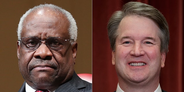 Supreme Court Justices Brett Kavanaugh and Clarence Thomas joined forces on a dissent Monday charging their Supreme Court colleagues with a "decade-long failure to protect the Second Amendment." (AP)