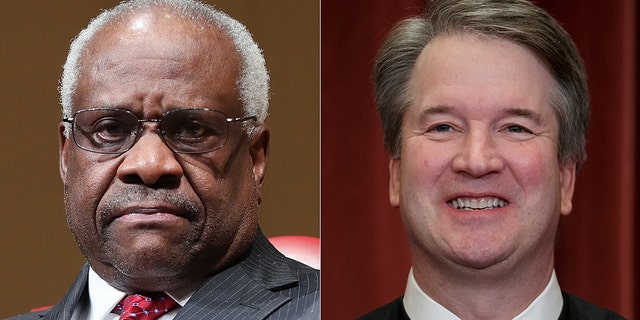 Supreme Court Justices Brett Kavanaugh and Clarence Thomas joined forces on a dissent Monday charging their Supreme Court colleagues with a "decade-long failure to protect the Second Amendment." (AP)