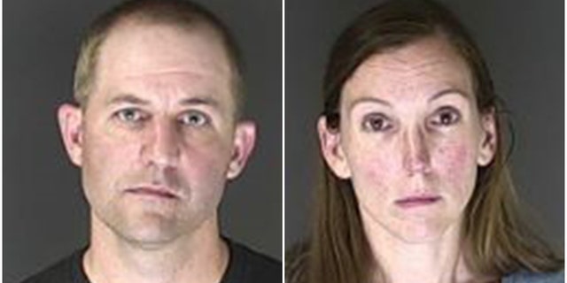 Ryan Sabin, 41, and Tara Sabin, 42, surrendered to authorities Tuesday, June 16, 2020, after they were accused of accused of killing their 11-year-old son by forcing him to drink large amounts of water. (El Paso County Sheriff's Department)