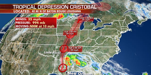 The forecast track of Tropical Depression Cristobal.