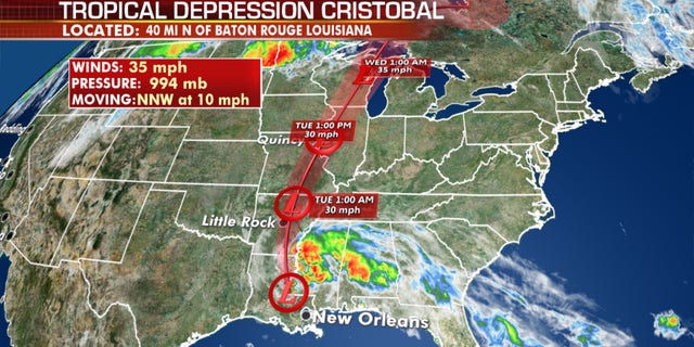 The forecast track of Tropical Depression Cristobal.