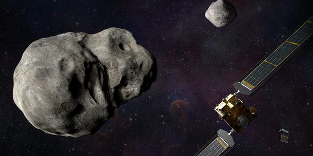 撞击迪迪莫斯双星系统之前,NASA的DART航天器和意大利航天局(ASI)的LICIACube的插图。 (鸣谢:NASA / Johns Hopkins APL / Steve Gribben)