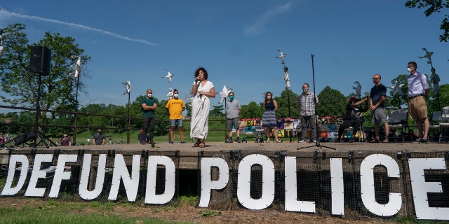 Alondra Cano, a City Council member, speaks during "The Path Forward" meeting at Powderhorn Park on Sunday, June 7, 2020, in Minneapolis. The focus of the meeting was the defunding of the Minneapolis Police Department.