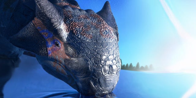 Ankylosaurus magniventris drinking as the asteroid strikes. (Credit: Fabio Manucci)