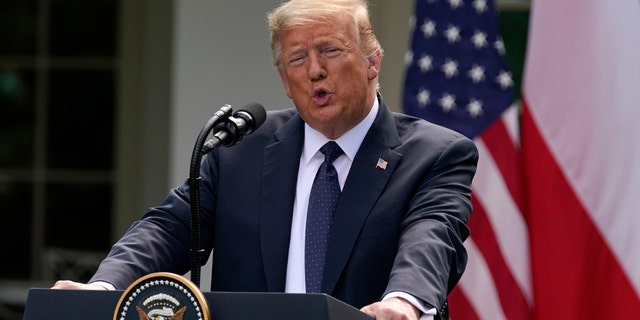 President Donald Trump speaks during a news conference with Polish President Andrzej Duda in the Rose Garden of the White House, Wednesday, June 24, 2020, in Washington. (AP Photo/Evan Vucci)