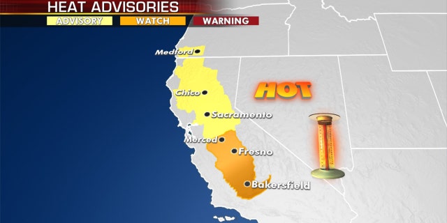 Heat advisories stretch through interior portions of California.