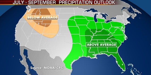 Above-normal precipitation is also forecast for the Midwest into the Southeast.