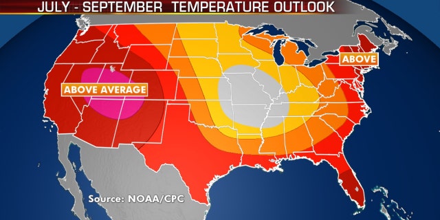 Above-normal temperatures are expected out West, along the Gulf Coast, and the East through September 2020.