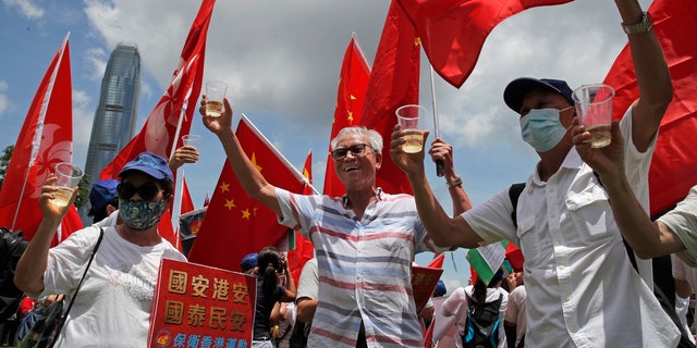 Pro-China supporters holding Chinese national flags, toast during a rally to celebrate the approval of a national security law for Hong Kong, in Hong Kong.