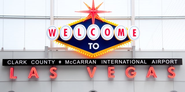 The welcome sign at the Las Vegas McCarran International Airport is shown here in the early morning.
