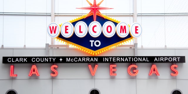 The welcome sign at the Las Vegas McCarran International Airport is shown here in the early morning.