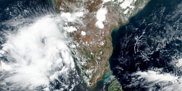 This May 31 satellite image released by NASA shows Cyclone Nisarga roaring toward the western coast of India.