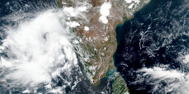 This May 31 satellite image released by NASA shows Cyclone Nisarga roaring toward the western coast of India.