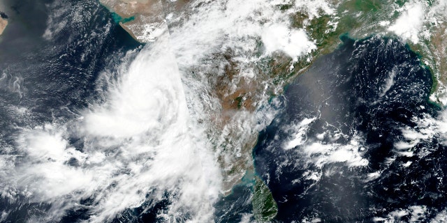 This June 2, satellite image released by NASA shows Cyclone Nisarga roaring toward the western coast of India.