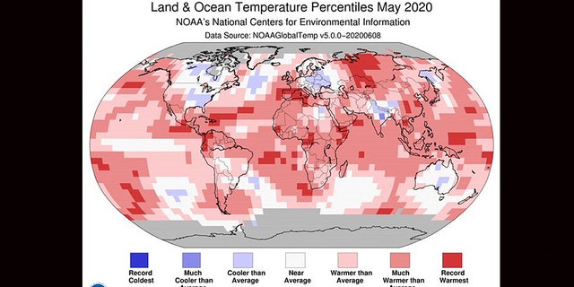 A map from NOAA's National Centers for Environmental Information showing the scope of warmer-than-average temperatures across the globe in May 2020.