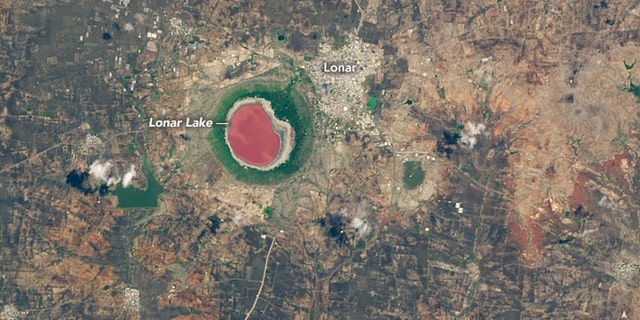 In this NASA photo from June 10, 2020, Lonar Lake had fully turned pink.