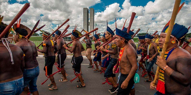Indigenous from various tribes protest in Brasilia against the government policies regarding their rights.