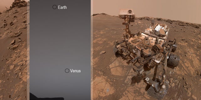 2020年6月5日,即航天飞机第2784个火星日,即美国宇航局的好奇号火星探测车看到,夜空的两幅图像组合起来显示了地球和金星。 由于距离和空气中的尘埃的结合,行星显示为精确的光。 火星塔比尤特在底部可见。 (图片来源:NASA / JPL-Caltech)