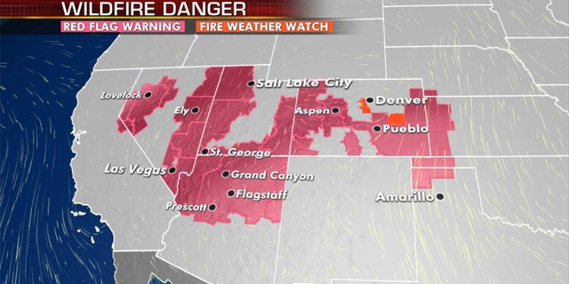 Fire danger remains out west, from California's Sierra Nevada to the Plains.
