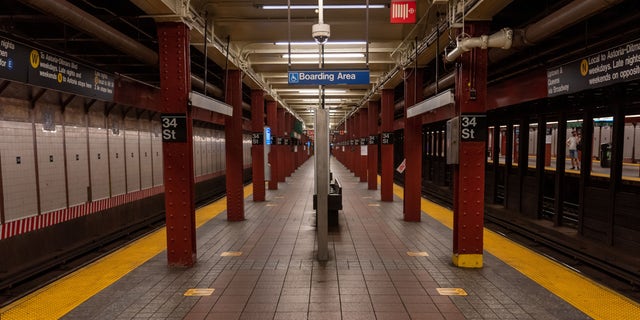 NEW YORK, UNITED STATES - 2020/06/08: A nearly empty subway station platform is seen in Herald Square's subway station on the first day of the city reopening.