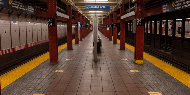 NEW YORK, UNITED STATES - 2020/06/08: A nearly empty subway station platform is seen in Herald Square's subway station on the first day of the city reopening.