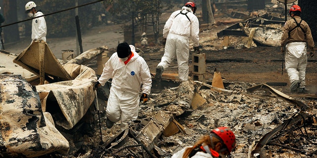 FILE - In this Nov. 13, 2018, file photo, search and rescue workers search for human remains at a trailer park burned out from the Camp Fire in Paradise, Calif. Pacific Gas & Electric officials are to be expected to appear in court Tuesday, June 16, 2020, to plead guilty for the deadly wildfire that nearly wiped out the Northern California town of Paradise in 2018. (AP Photo/John Locher, File)