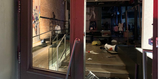 Damage to store in New York City's SoHo neighborhood after looting in the early hours of Monday, June 1, 2020.