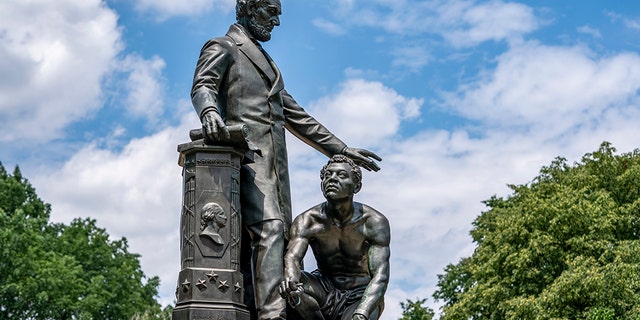 The Emancipation Memorial in Washington's Lincoln Park, depicting a freed slave kneeling at the feet of President Abraham Lincoln, is seen June 25, 2020. (Associated Press)