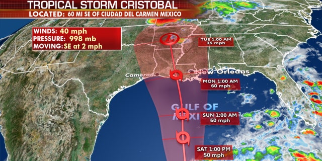 The forecast track of Tropical Storm Cristobal.