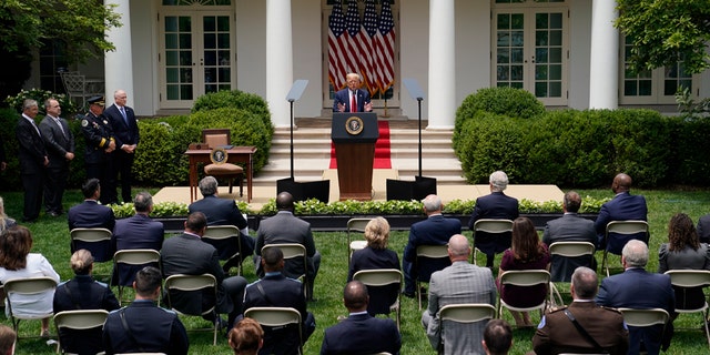 President Donald Trump speaks during an event on police reform, in the Rose Garden of the White House, Tuesday, June 16, 2020, in Washington. (AP Photo/Evan Vucci)