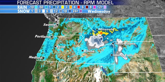 Up to a foot of snow is forecast to fall in the northern Rockies as the Northwest sees cool temperatures.