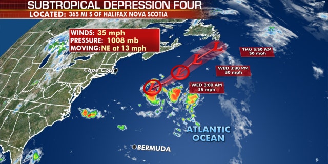 Subtropical Depression Four is moving across the North Atlantic, away from the U.S.