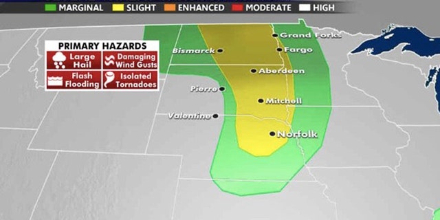 The risk for severe storms exists across the Northern Plains on Tuesday.