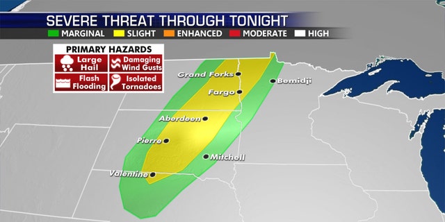 Strong to severe thunderstorms will move into the Dakotas and Minnesota on Wednesday.