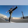 A Russian army soldier wearing a face mask to protect against coronavirus infection marches during a military parade rehearsal in St. Petersburg, Russia, June 17, 2020.?