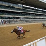 Tiz the Law ridden by jockey Manny Franco crosses the finish line in front of an empty grandstand to win the 152nd running of the Belmont Stakes horse race in Elmont, New York, June 20, 2020.