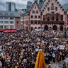 Hundreds of people attending a rally in Frankfurt, Germany. 