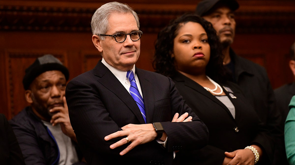 Philadelphia District Attorney Larry Krasner reacts while being mentioned by Danielle Outlaw at a press conference announcing her as the new Police Commissioner on December 30, 2019 in Philadelphia, Pennsylvania. (Photo by Mark Makela/Getty Images)