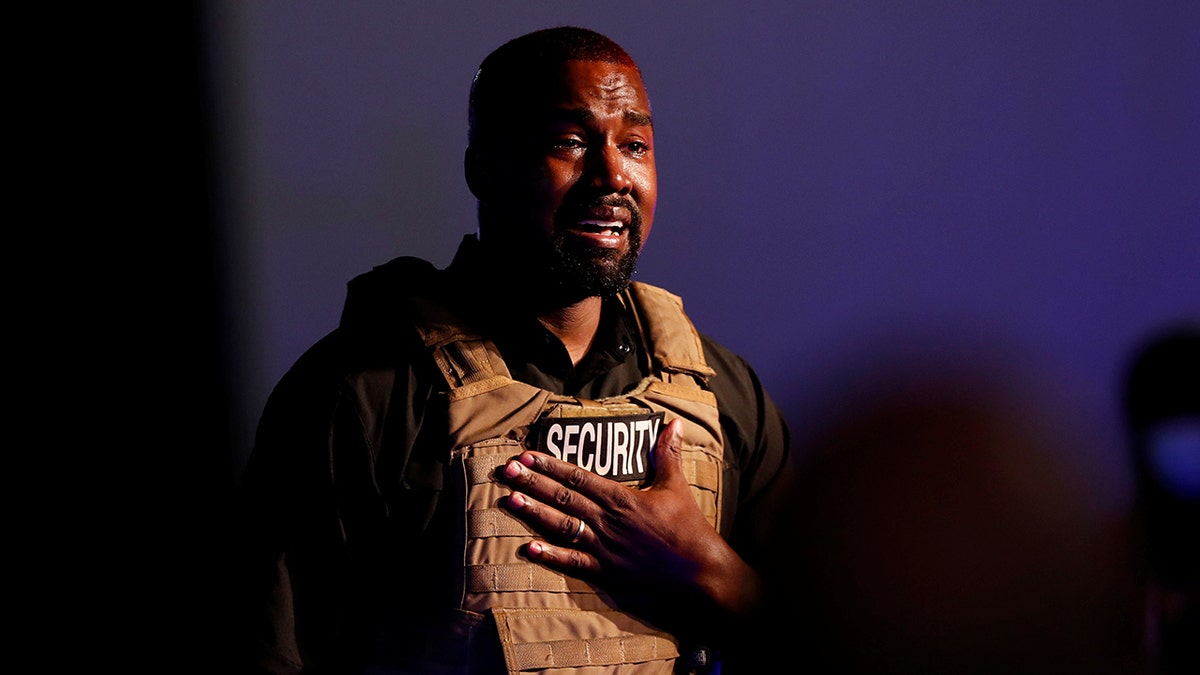Kanye West gets emotional as he holds his first rally in support of his presidential bid in North Charleston, S.C., on July 19, 2020.