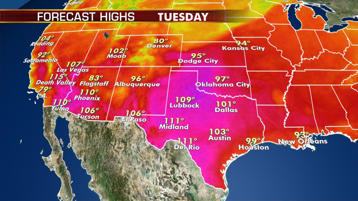 Another day of hot weather is forecast on Tuesday from the Gulf Coast into the South Central U.S.