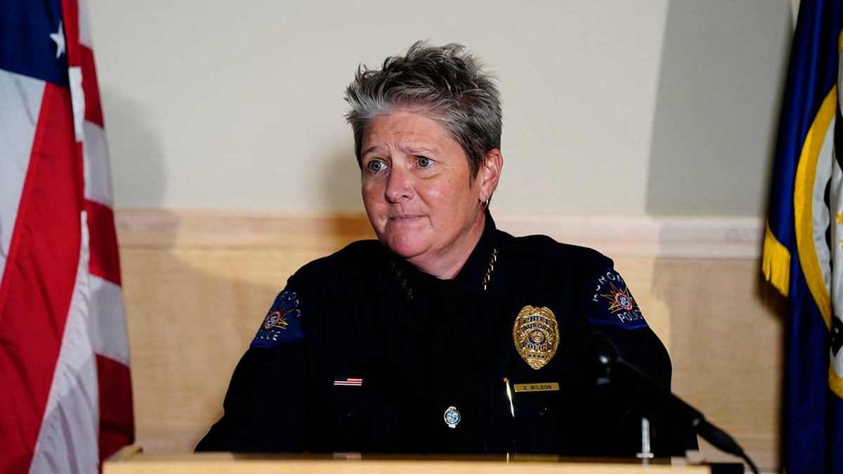 Aurora Police Department Interim Chief Vanessa Wilson addresses reporters July 3, 2020, in Aurora, Colo. (Associated Press)