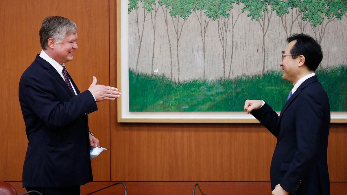 U.S. Deputy Secretary of State Stephen Biegun is greeted by his South Korean counterpart Lee Do-hoon during their meeting at the Foreign Ministry in Seoul, South Korea, July 8, 2020. REUTERS/Kim Hong-Ji/Pool