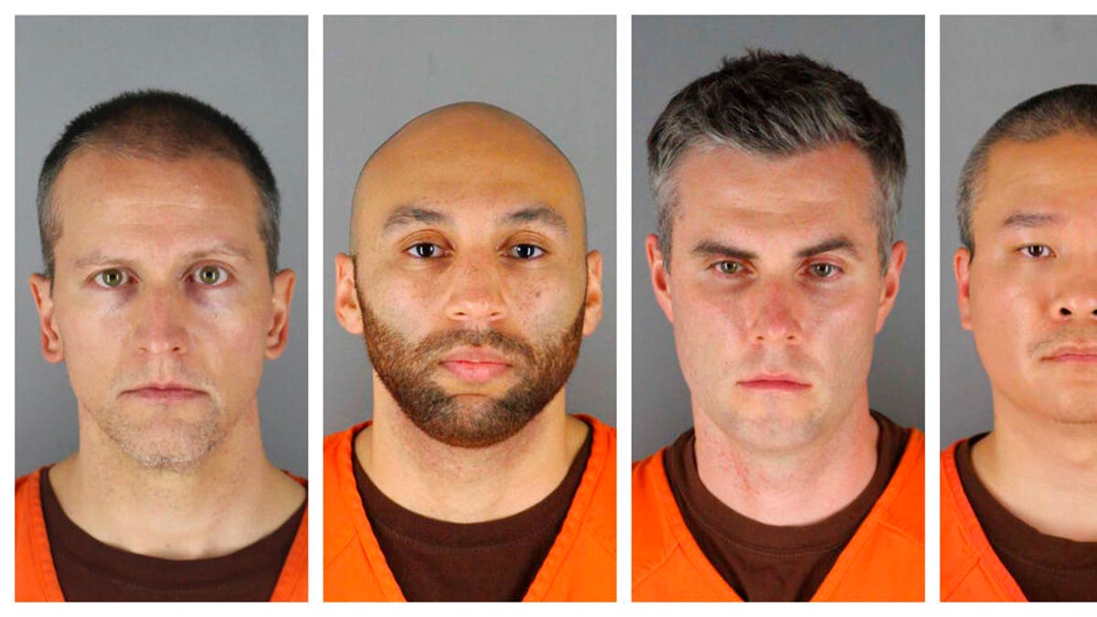 This combination of photos provided by the Hennepin County Sheriff's Office in Minnesota on Wednesday, June 3, 2020, shows Derek Chauvin, from left, J. Alexander Kueng, Thomas Lane and Tou Thao. Chauvin is charged with second-degree murder of George Floyd, a Black man who died after being restrained by him and the other Minneapolis police officers on May 25. Kueng, Lane and Thao have been charged with aiding and abetting Chauvin. Video from the body cameras of two officers charged in the death of Floyd is being made available for public viewing by appointment on Wednesday, July 15 but a judge has so far declined to allow news media organizations to publish the footage for wider distribution. (Hennepin County Sheriff's Office via AP, File)