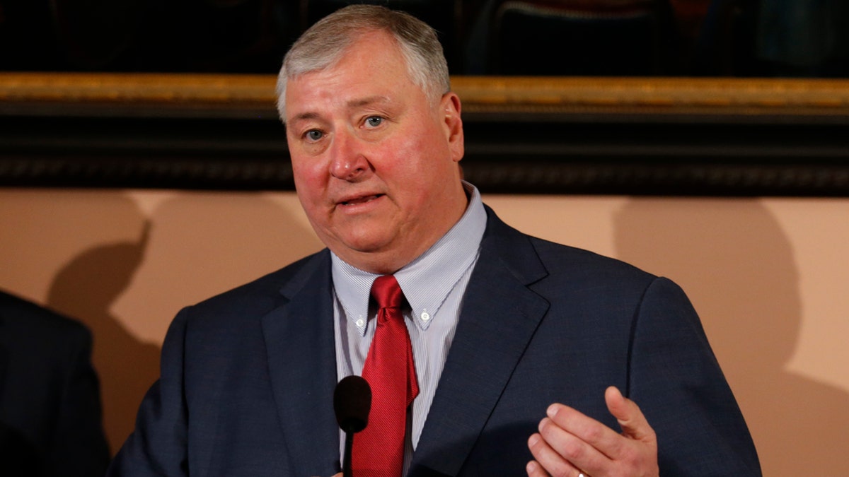 This March 5, 2019 file photo shows Ohio House speaker Larry Householder speaking in Columbus, Ohio. FBI agents were at the farm of Householder on Tuesday morning, hours ahead of a planned announcement of a $60 million bribe investigation by federal prosecutors. (AP Photo/Paul Vernon, File)
