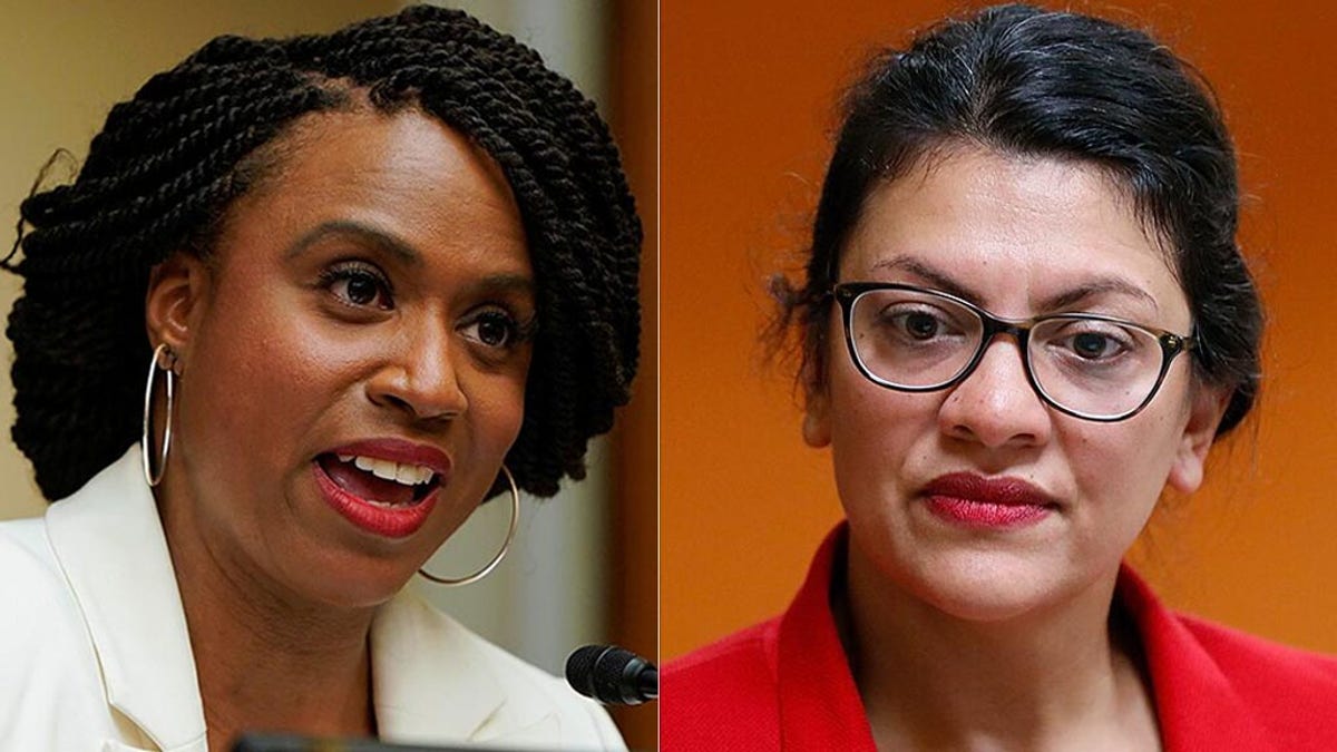 Reps. Ayanna Pressley of Massachusetts, left, and <a data-cke-saved-href="https://www.foxnews.com/category/person/rashida-tlaib" href="https://www.foxnews.com/category/person/rashida-tlaib">Rashida Tlaib</a> of Michigan, right, unveiled a bill Tuesday that would slash funds for police departments and establish a reparations program for African-Americans and those harmed by the police and criminal justice system. 
